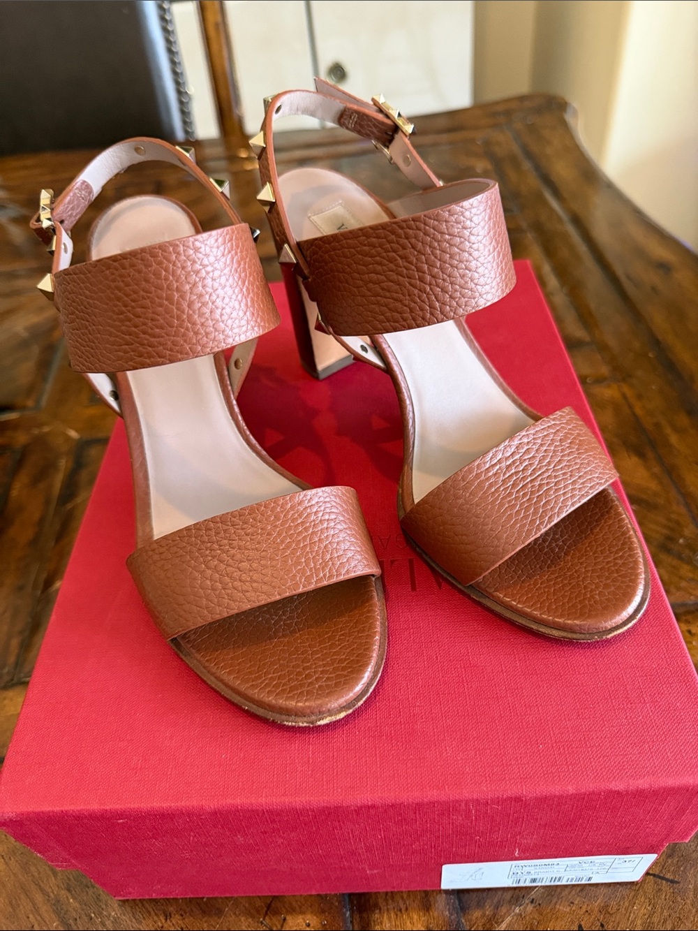 Valentino Brown Leather Block Heel Sandals with Stud Detail